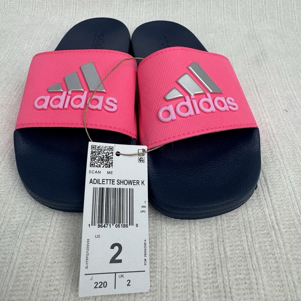 NWT Adidas Adilette Shower Slides Kids 2 Blue Fucsia Silver Logo IE260 Summer
